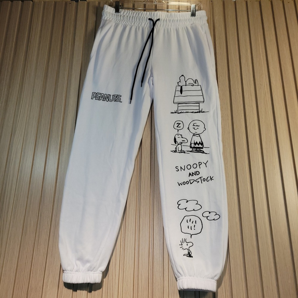 Peanuts Snoopy Woodstock Joggers Women Small White Graphic Sweatpants Excellent